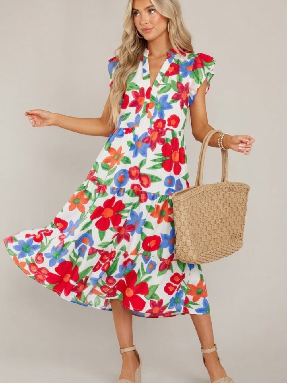 entro White Multi Floral Ruffle Tiered Midi Dress Size Medium 39988